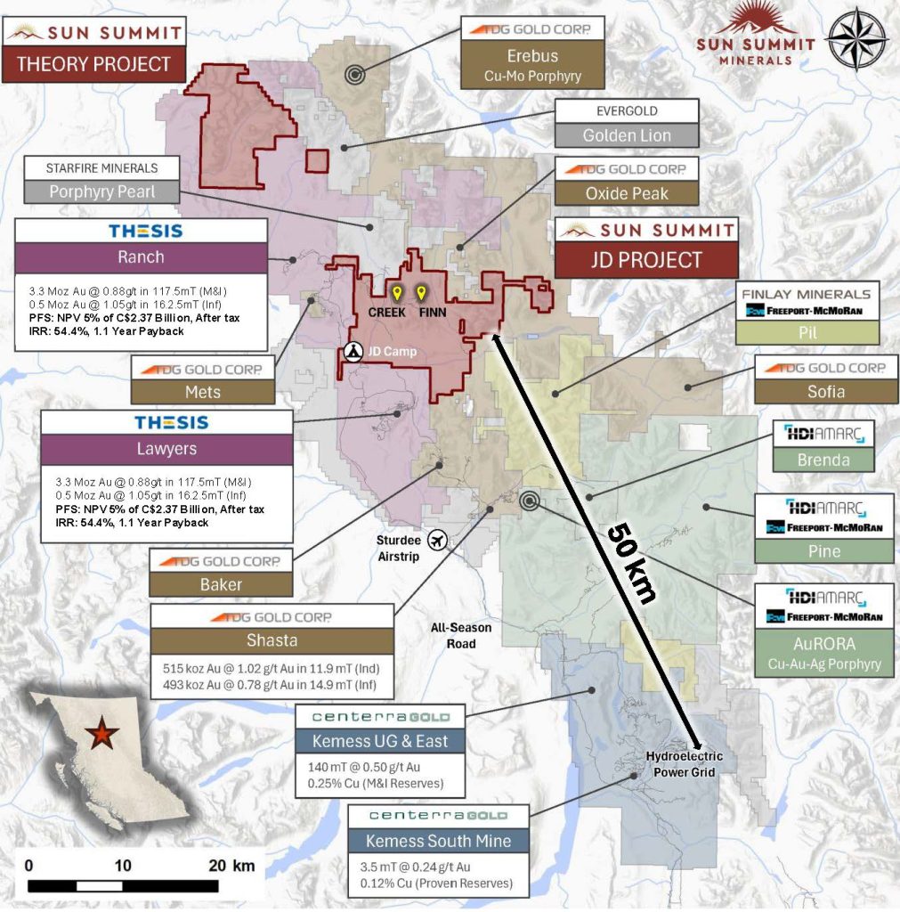 Figure 2. Map of the Toodoggone District showing the location of the JD Project in relation to other development and exploration projects. Data sourced from Thesis Gold & Silver., TDG Gold Corp. and Centerra Gold Inc.’s respective corporate websites. The QP has been unable to verify the information and that the information is not necessarily indicative to the mineralization on the property that is the subject of the disclosure.